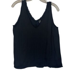 Anthropologie Double V-Neck Sleeveless Tank Top Raw Edged Hems Navy Blue MEDIUM
